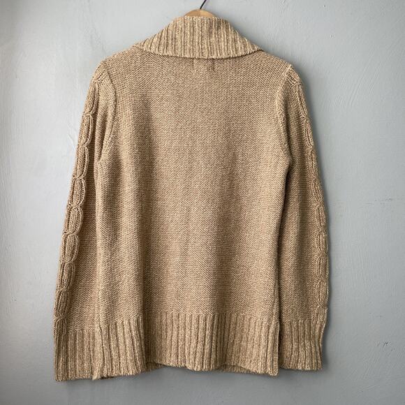 Y2K Cable Knit Cardigan Size Large Tan Button Sweater Pockets Chunky Academia - Picture 4 of 9